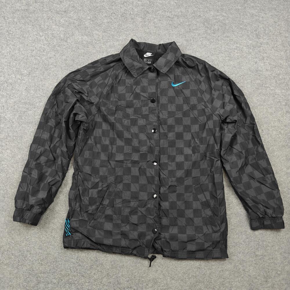 Nike Jacket Mens XS Black Check Windbreaker Collared Lined Pockets Snap